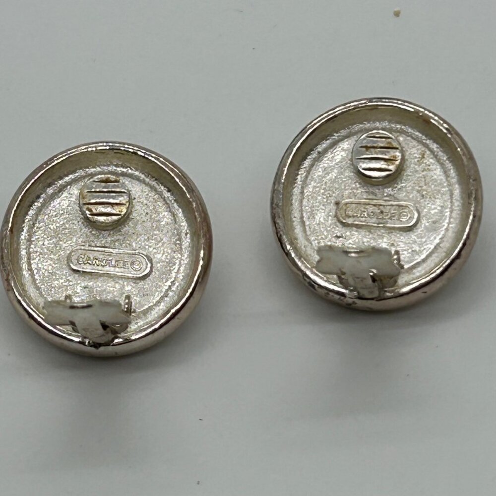 Vintage Carolee Clip-on Earrings Silver-tone Faux Black Pearl Button Modernist - Picture 11 of 14